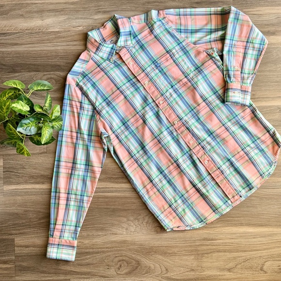 Southern Tide Medium Performance Stretch Collared Shirt Peach Green Plaid - Picture 2 of 14